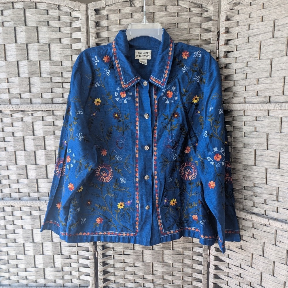 Vtg Jacket Cobalt Blue Floral Embroidered Silk Blend Women Sz‎ L Boho Folk Artsy